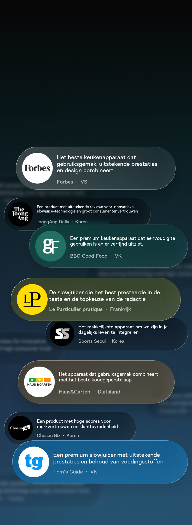 De slowjuicer die door internationale media wordt geprezen. Van Forbes in de VS tot Haus & Garten in Duitsland en BBC Good Food: Hurom-slowjuicers worden erkend als 'slowjuicers die je kunt vertrouwen'.