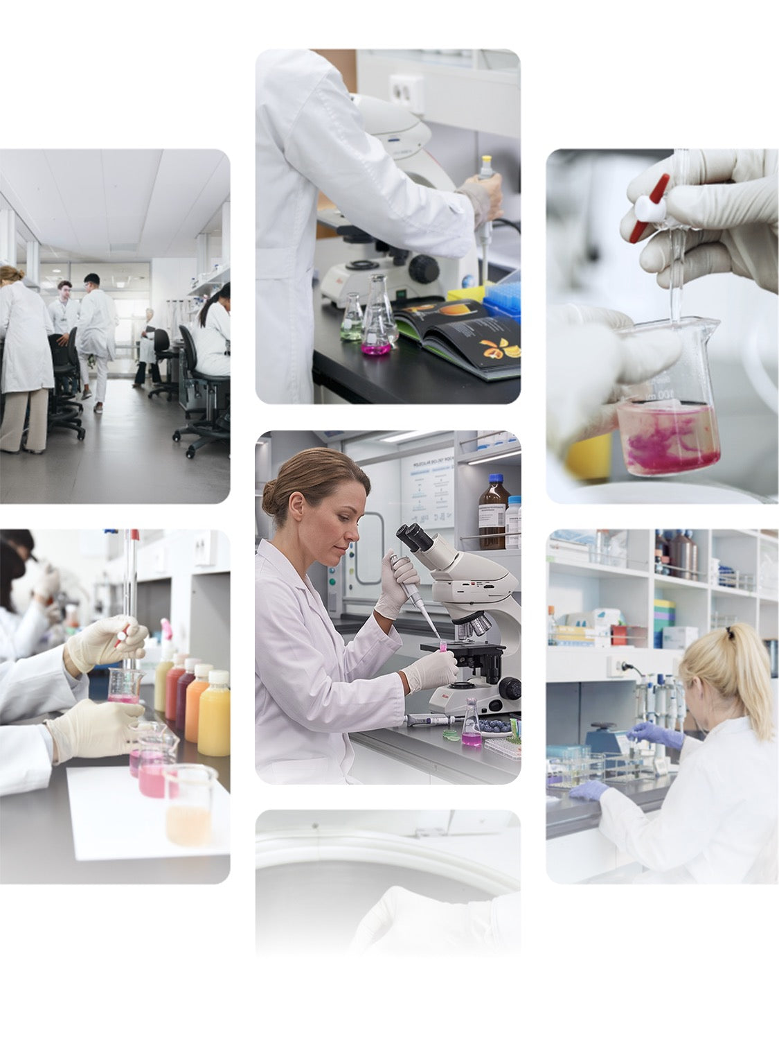 Eine Collage von Forschenden in weißen Kitteln, die in einem modernen Labor wissenschaftliche Versuche durchführen. Die Bilder zeigen Fachleute, die Saftproben analysieren, mit Pipetten und Bechergläsern voller farbiger Flüssigkeiten arbeiten und detaillierte Ernährungsforschung betreiben, um die Produktqualität zu sichern.