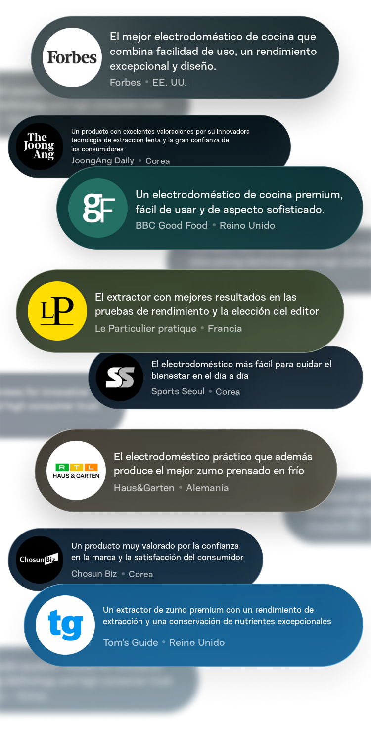 Una recopilación de reseñas positivas de medios internacionales titulada El extractor de zumo aclamado por los medios internacionales. Incluye logotipos y citas de Forbes (EE. UU.), BBC Good Food (Reino Unido), Haus & Garten (Alemania), Tom's Guide (Reino Unido) y JoongAng Daily (Corea), que elogian los extractores Hurom por su rendimiento, su diseño y la conservación de los nutrientes.